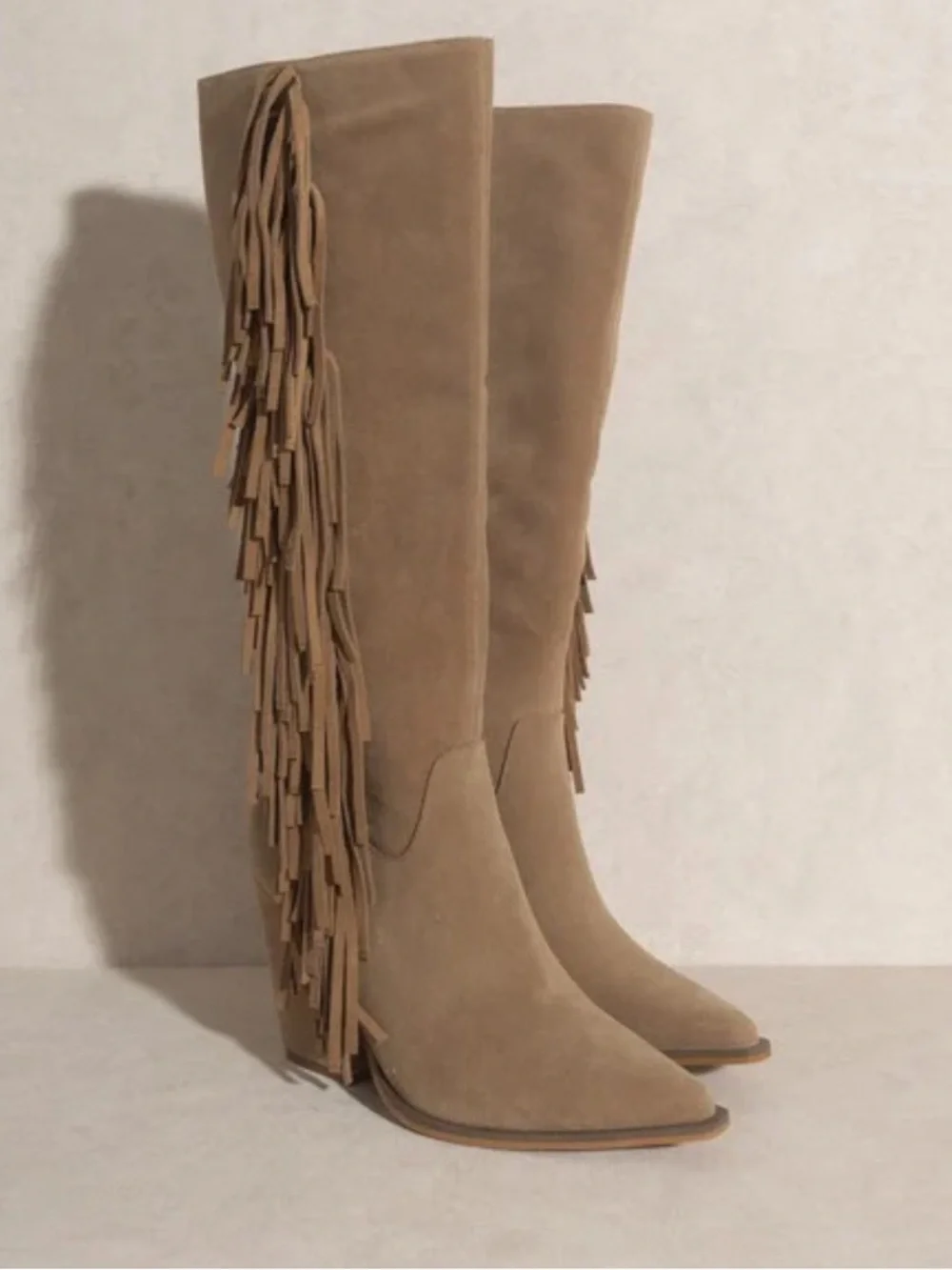 Fringe Tall Suede Boots in Taupe - Women